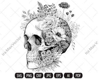 Skull svg file, Flower Skull svg, Skull cut file, Floral Skull svg file, Sugar Skull Svg file, skull flower crown, halloween, gothic, goth
