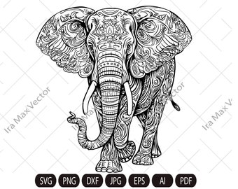 Elephant Svg, Elephant Clipart, Elephant mandala, Elephant Head, Elephant detailed , Elephant etnic, Animals Silhouette,coloring page