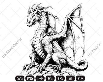 Dragón SVG, Dragón detallado, Clipart de dragón, Dragón sentado, Dragón chino SVG, Dragón de fantasía SVG, Dragón asiático SVG, Silueta de dragón