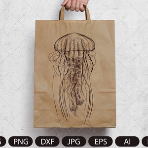 May include: A brown paper bag with a black and white line drawing of a jellyfish on the front.