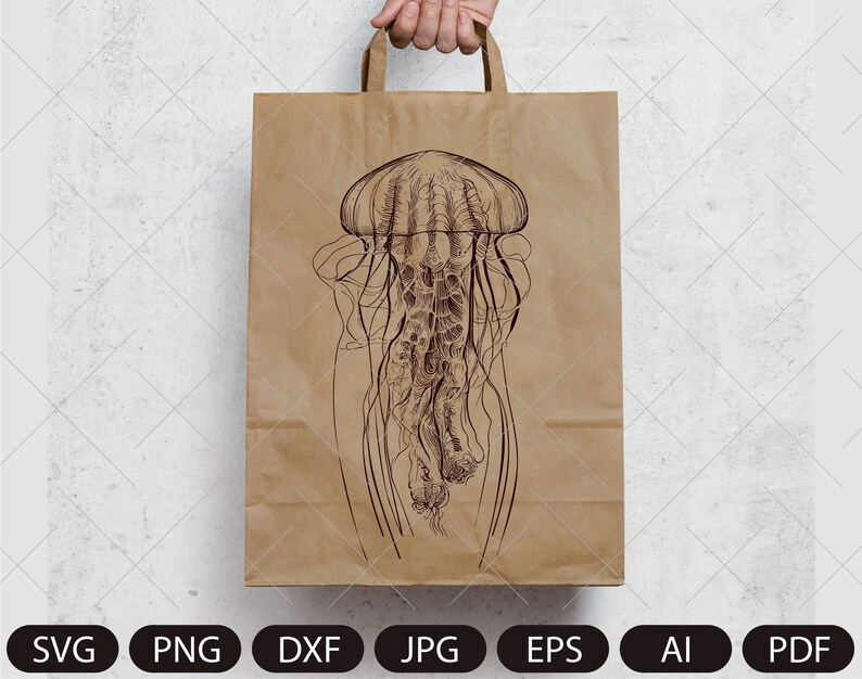 May include: A brown paper bag with a black and white line drawing of a jellyfish on the front.
