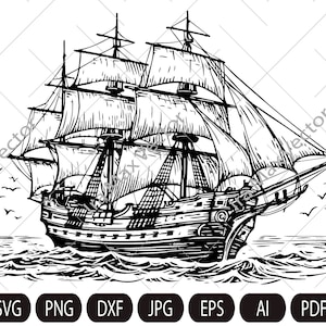 Puede incluir: Un dibujo en blanco y negro de un barco de vela con múltiples velas. El barco navega en un mar agitado con pájaros volando por encima.