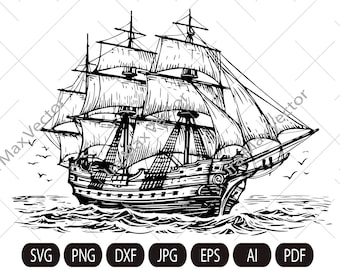 Pirate Ship SVG, Frigate, Pirate SVG, Pirate Ship Silhouette SVG, Ship detailed svg, Sailboat svg, Pirate Ship Captain svg, Cut File
