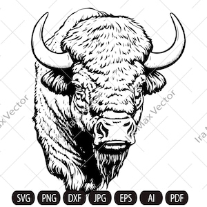 Può includere: Illustrazione in bianco e nero di una testa di bisonte con grandi corni. Il bisonte è rivolto in avanti con la bocca chiusa.