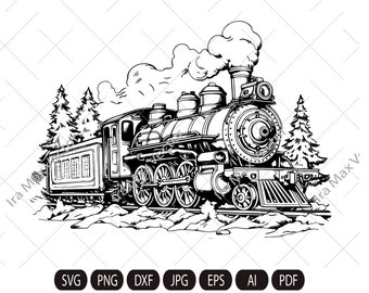 Vector retro de locomotora de vapor, tren antiguo svg, locomotora svg, locomotora en el bosque, tren antiguo de transporte vintage, tren retro SVG