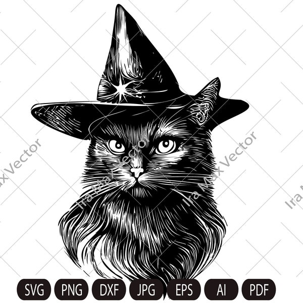 Black Cat with Witch Hat Svg, Cute Black Cat Svg, Halloween Black Cat Svg, Witch Black Cat Svg, Cat with Halloween Hat Svg