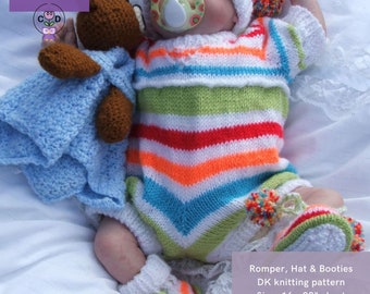 May include: A knitted baby romper with colorful stripes, a matching hat, and booties. The romper has a V-shaped neckline and is made with a white, red, orange, green, and blue yarn. The hat has a white pom-pom on top. The booties have colorful pom-poms on the toes. The pattern is for sizes 16 to 22 inches chest.