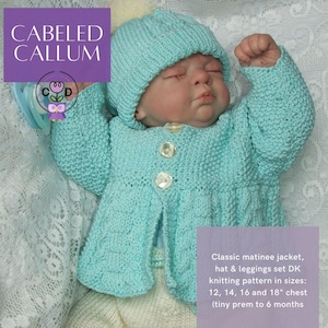 May include: A light blue knitted baby jacket with a matching hat. The jacket has a cable knit pattern and buttons down the front. The set is available in sizes 12, 14, 16, and 18 inches chest, suitable for tiny premature babies to 6 months old.
