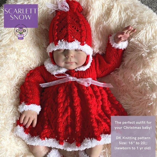 Christmas Baby Girl Knitting Pattern, PDF Download, Baby dress outfit, Sizes 16" to 20" chest