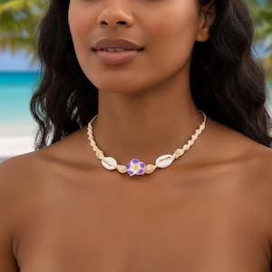Handmade Shell Flower Necklace for Women, Boho Adjustable String, Beach Summer Charm Jewelry
