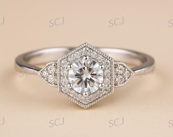 Anillo de compromiso vintage de moissanita, plata de ley estilo art déco