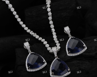 Collar vintage de zafiro azul de 33,0 quilates, talla trillón, plata de ley