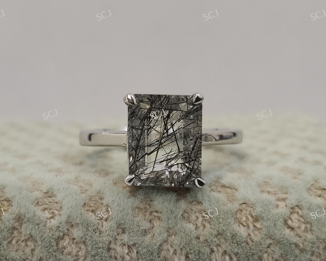 2.40 CT Salt and Pepper Emerald Cut Diamond Engagement Wedding Ring in