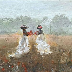 Two Sisters Oil Painting: Small Vintage Art, 5.8&quot;x3.9&quot;