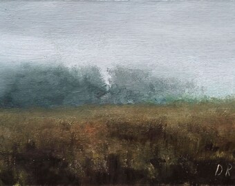 Thunderstorm Painting Field Original Art Moody Small European Landscape Oil Vintage Painting 7" by 5" by DarlunaArt