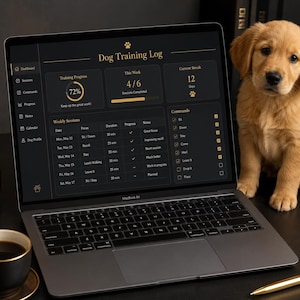 Peut inclure: Un ordinateur portable affichant un tableau de bord Dog Training Log avec des graphiques de progression, des plannings de sessions et des listes de commandes. L'écran affiche le texte Dog Training Log, Training Progress et Current Streak.