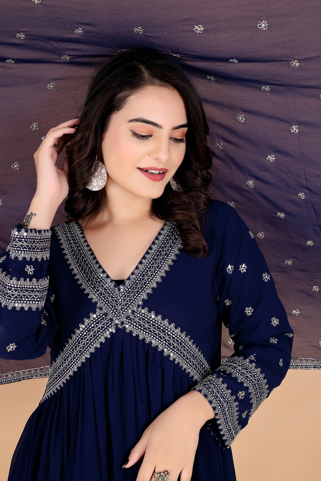 Georgette Thread Embroidery Frilled Gown
