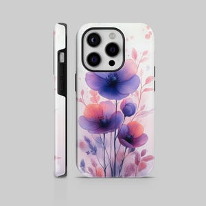 Violet Flower TOUGH phone case, Watercolor Cover for iPhone 16 Pro Max, 15 Plus, 14, 13, 12, 11, XS Samsung S24,S23,A55,A54, Pixel 9Pro,8