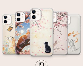 Japanese Cat Phone Case Sakura Tree Kitty Cover for iPhone Samsung Pixel