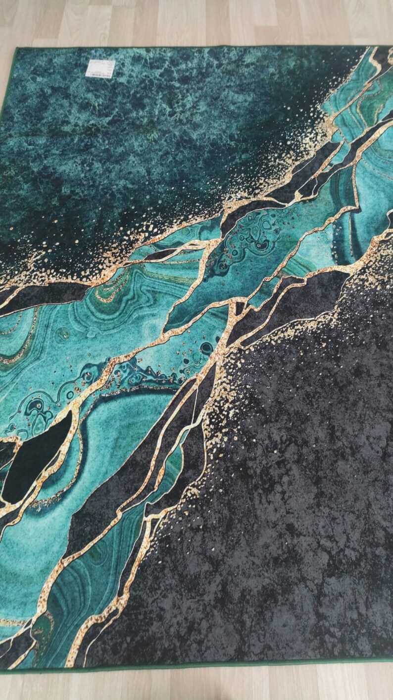 Emerald Green Rug Gold Marble Rug Area Rug Abstract Rug Etsy