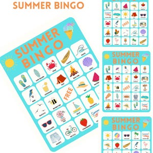 Jogo de Bingo de Verão para Imprimir para Crianças - 30 Cartões de Bingo + Folha de Chamadas - Download Instantâneo em PDF
