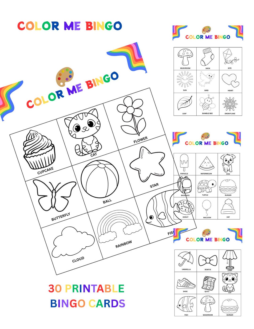Coloring Bingo Game - Printable Bingo for Kids - 30 Cards + Call Sheet