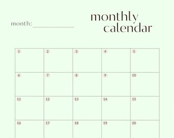 May include: A blank monthly calendar template with the word "month:" at the top and the words "monthly calendar" in a larger font below. The calendar is divided into a grid of 31 squares, each with a number from 1 to 31. There is a space below the calendar labeled "Notes:"