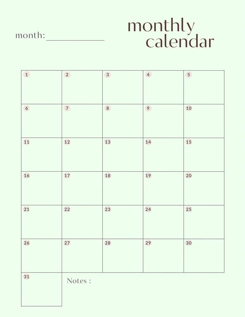 Digital and Fillable Monthly Calendar PDF Etsy