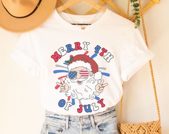 Funny Fourth of July Shirt Christmas in July Outfit Retro Santa Shirt Independence Day Shirt Women July 4th Party Shirt for Christmas Lovers