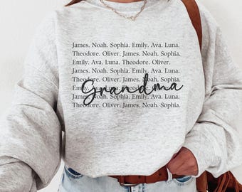 Sudadera de abuela personalizada, camiseta de abuela personalizada con nombres de niños, regalo único para el día de la madre para Mimi, lindo regalo de cumpleaños para mamá