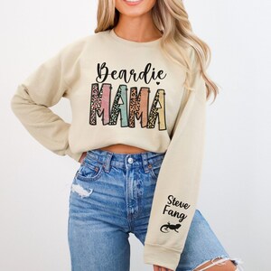 Custom Bearded Dragon Mom Sweatshirt with Sleeve Print, Personalized Gift for Beardie Mama, Pet Bearded Dragon Gifts, Beardie Mom Jumper
