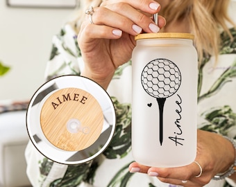 Custom Golf Glass Tumbler, Personalized Golf Gifts For Women, Glass Coffee Cup for Golfer, Golf Bachelorette Favors, Custom Gift for Golfer