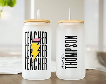 Personalized Teacher Glass Tumbler With Name, Custom Teacher Glass Coffee Cup with Lid & Straw, Back to School Gift for Teacher Appreciation
