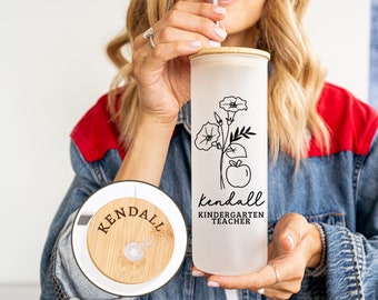 Custom Teacher Glass Coffee Cup with Lid, Personalized Teacher Tumbler With Name, Birth Flower Teacher Cup, Back to School Teacher Gift
