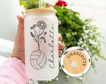 Custom Volleyball Glass Tumbler, Personalized Volleyball Gift Women, Birth Flower Volleyball Mom Gift for Sports Mom, Volleyball Coach Gift