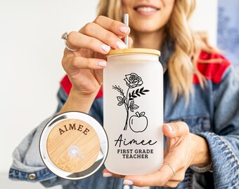 Custom Teacher Glass Coffee Cup with Lid, Personalized Teacher Tumbler With Name, Birth Flower Teacher Cup, Back to School Teacher Gift