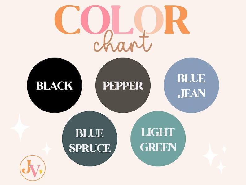 May include: A color chart graphic with the word "COLOR" in orange and pink, and "chart" in brown. Below are five color swatches labeled "BLACK", "PEPPER", "BLUE JEAN", "BLUE SPRUCE", and "LIGHT GREEN".