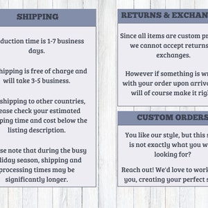May include: A text-based graphic with information about shipping, returns, and exchanges for custom printed items. The graphic includes the text "Shipping", "Returns & Exchanges", and "Custom Orders".