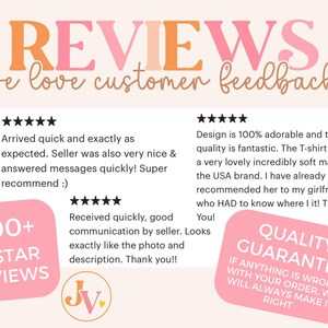 K&ouml;nnte beinhalten: Grafik mit dem Wort "REVIEWS" in Orange und Pink und dem Satz "we love customer feedback". Enth&auml;lt Kundenbewertungen mit Sternebewertungen und S&auml;tzen wie "500+ 5-STAR REVIEWS" und "QUALITY GUARANTEE".