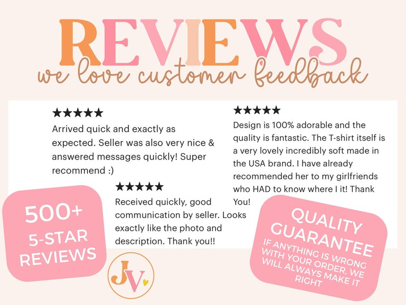 K&ouml;nnte beinhalten: Grafik mit dem Wort "REVIEWS" in Orange und Pink und dem Satz "we love customer feedback". Enth&auml;lt Kundenbewertungen mit Sternebewertungen und S&auml;tzen wie "500+ 5-STAR REVIEWS" und "QUALITY GUARANTEE".