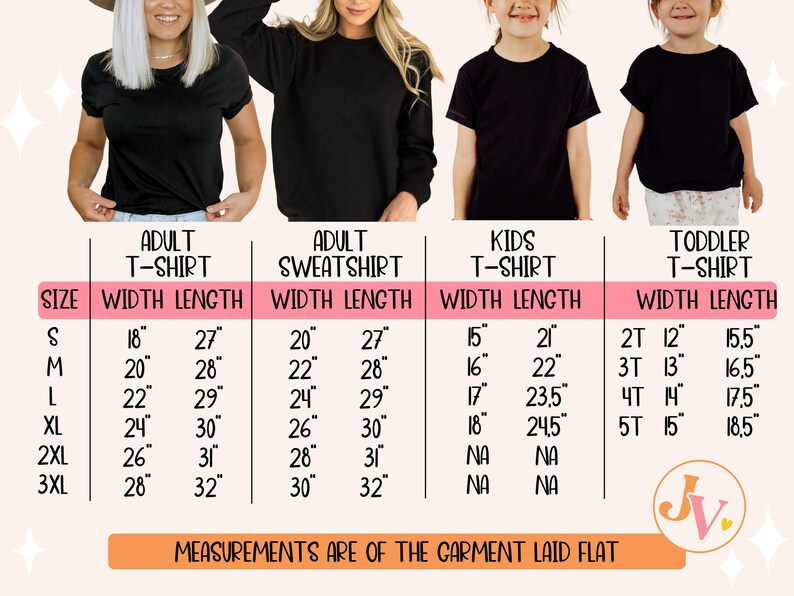Peut inclure: Tableau des tailles pour les t-shirts adultes, les sweat-shirts, les t-shirts pour enfants et les t-shirts pour tout-petits. Le tableau indique les mesures de largeur et de longueur en pouces pour chaque taille.