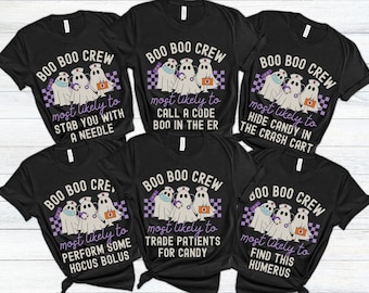 May include: Six black t-shirts with a white ghost graphic and the text "Boo Boo Crew" and a different funny phrase about being a nurse.