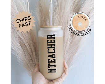 Personalized Teacher Glass Tumbler With Name, Custom Teacher Glass Coffee Cup with Lid & Straw, Back to School Gift for Teacher Appreciation