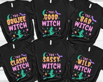 Funny Halloween Party Shirts, Best Friend Matching Halloween Outfit, Neon Halloween Witch T-Shirt, Spooky Season Group Shirt, Witchy Clothes