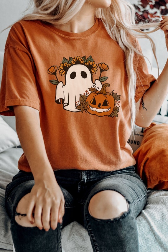 Retro Fall Shirt Comfort Colors, Halloween Pjs Women, Halloween Pajamas Adult, Spooky Season Shirt, Cute Ghost Halloween Tee, Autumn Apparel
