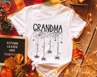 Personalized Halloween Grandma Shirt With Grandkid Names, Custom Grandma Gift Halloween, Spooky Nana Shirt, Funny Spider Tee for Grandmother
