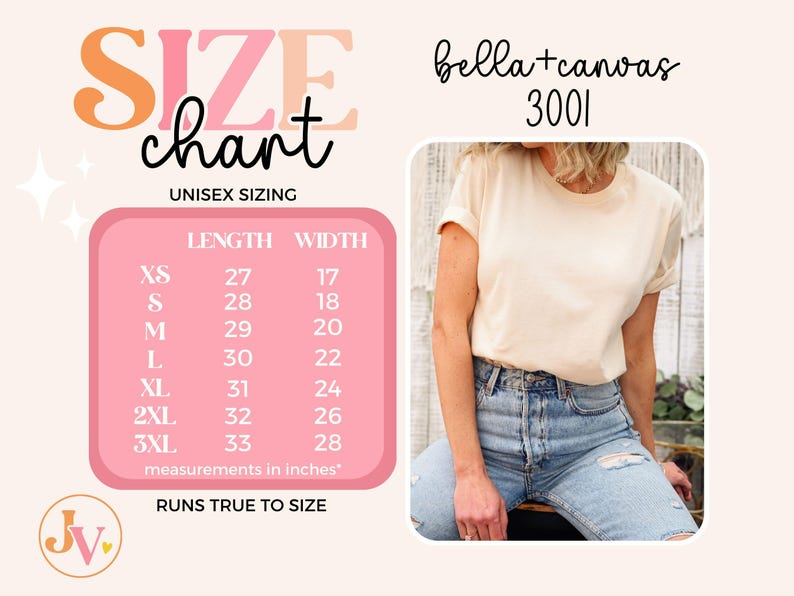 May include: Size chart for unisex t-shirts, showing measurements in inches for length and width. The chart includes sizes XS, S, M, L, XL, 2XL, and 3XL. The chart is on a pink background with the text "Size chart" in a large, colorful font. The text "Unisex Sizing" is below the chart title. The text "bella+canvas 3001" is in the upper right corner of the image. The text "Runs True to Size" is below the chart.