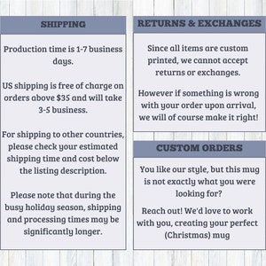 May include: A text-based graphic with information about shipping, returns, and custom orders for a shop that sells mugs. The text includes information about production time, shipping costs, and return policies. It also mentions the option to create custom orders.