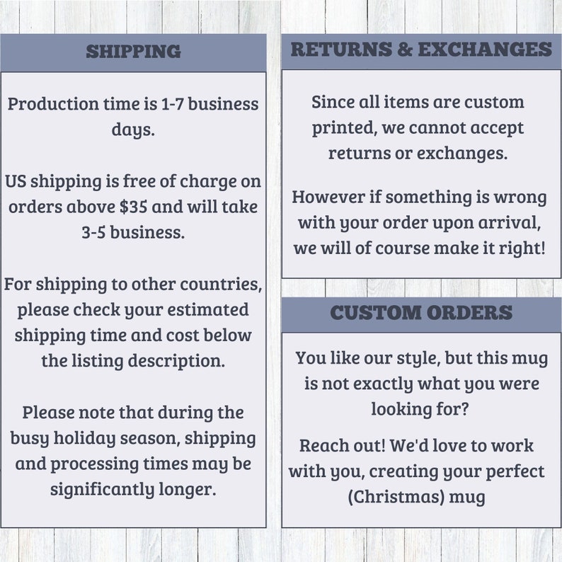 May include: A text-based graphic with information about shipping, returns, and custom orders for a shop that sells mugs. The text includes information about production time, shipping costs, and return policies. It also mentions the option to create custom orders.