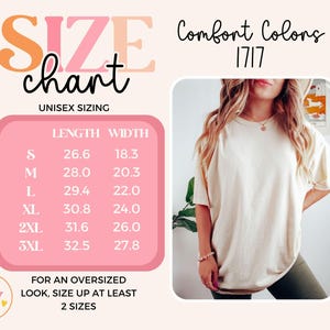 K&ouml;nnte beinhalten: Eine Gr&ouml;&szlig;entabelle f&uuml;r Unisex-Gr&ouml;&szlig;en wird angezeigt, mit Ma&szlig;en in Zoll f&uuml;r L&auml;nge und Breite. Die Tabelle enth&auml;lt die Gr&ouml;&szlig;en S bis 3XL. Eine Person tr&auml;gt ein cremefarbenes T-Shirt. Der Text "Comfort Colors 1717" ist ebenfalls sichtbar.